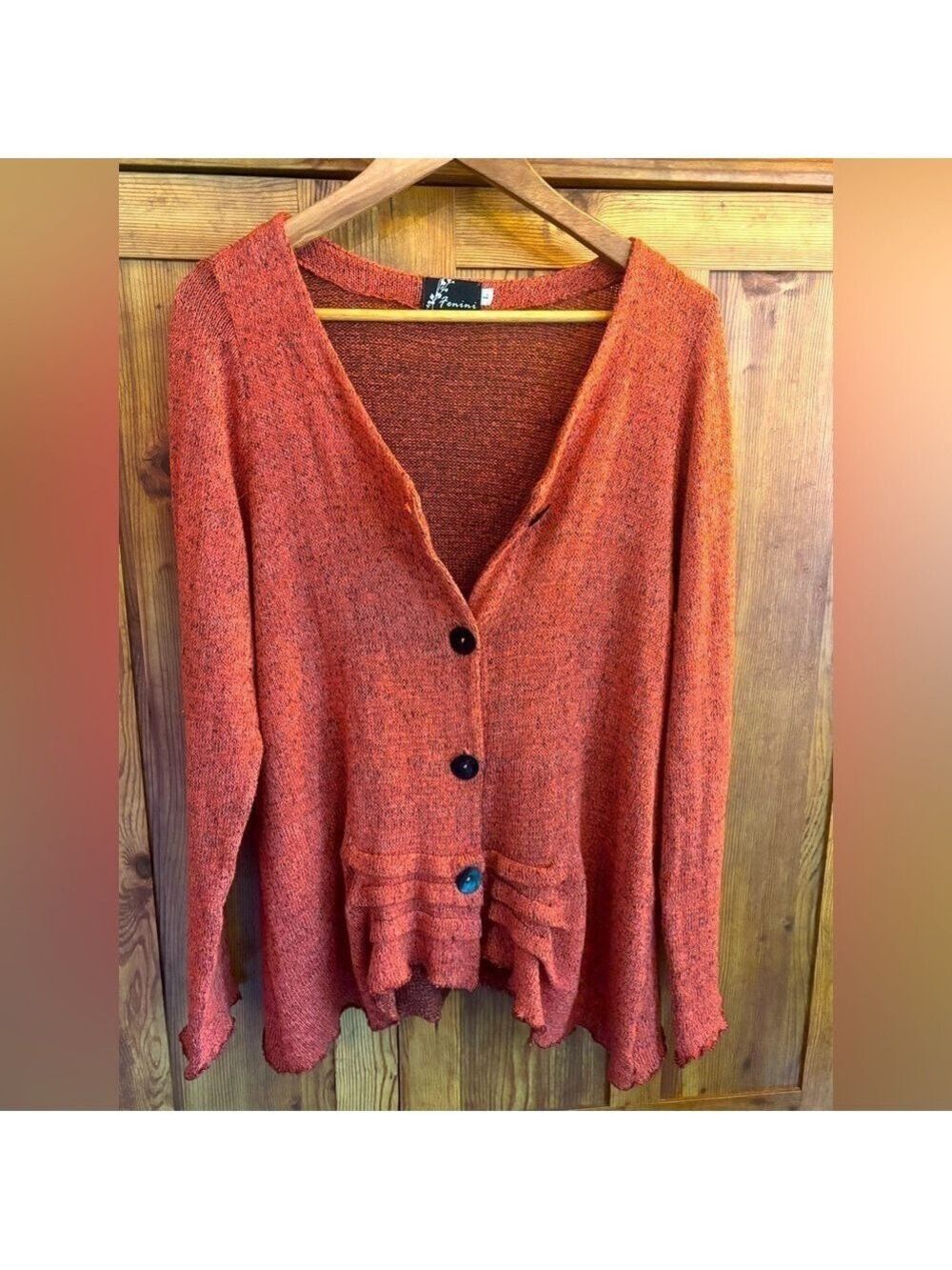 FENINI Designer Burnt Orange Textured Knit Cardigan • Artful Layering•Fits M–XL - Picture 4 of 17